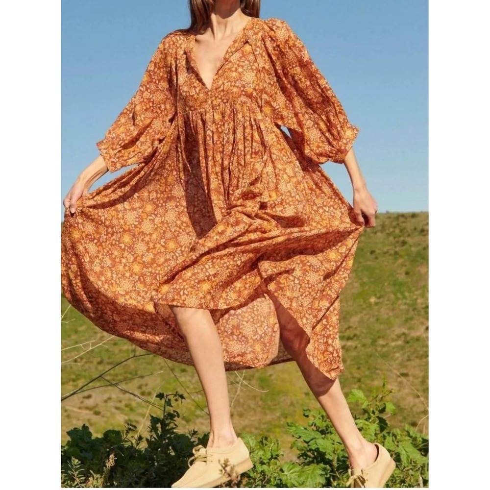 Sundry Floral Midi Dress S Boho Prairie Puff Sleeve Peasant Cotton Granola NWT